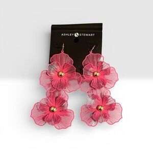 ❤️ Ashley Stewart NWT Large Pink Open-work Floral Dangle Earrings gold tone